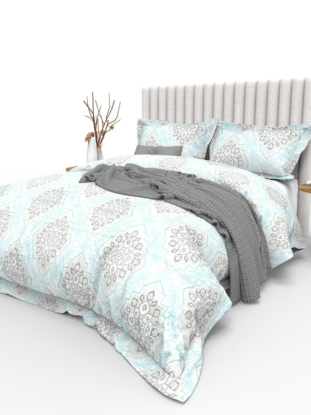 THE WHITE MOSS Blue & Grey Ethnic Motifs 350 TC Cotton King Bedsheet with 2 Pillow Covers | Grocsy
