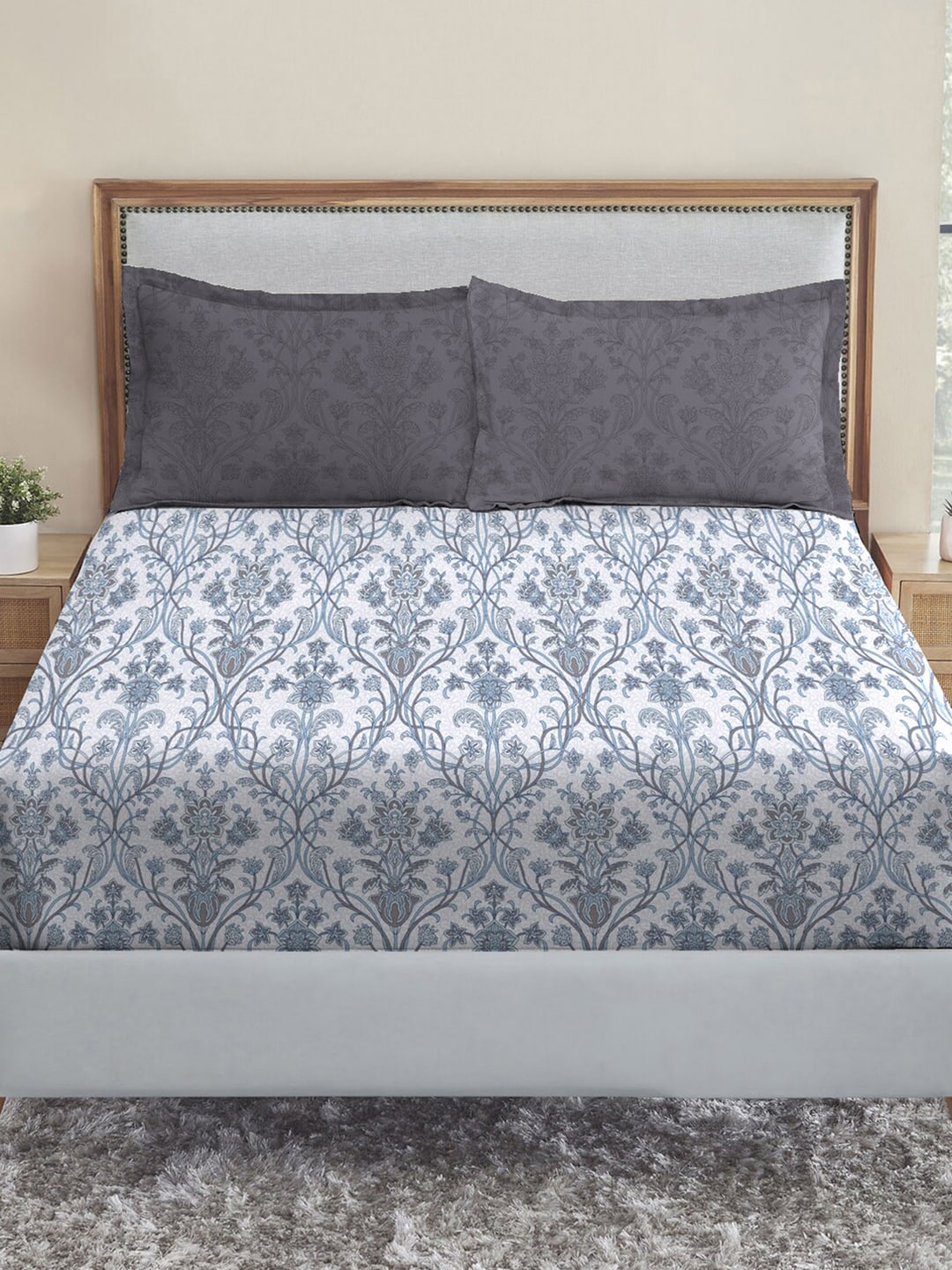 MYTRIDENT Dusk and Dawn Blue Ethnic Motifs Cotton 144 TC Queen Bedsheet 2 Pillow Covers | Grocsy
