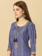 HERE&NOW Blue & White Tie-Up Neck Bandhani Printed Sequined Straight Kurta | Grocsy