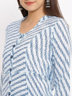 HERE&NOW Blue & White Striped Mandarin Collar Kurta | Grocsy