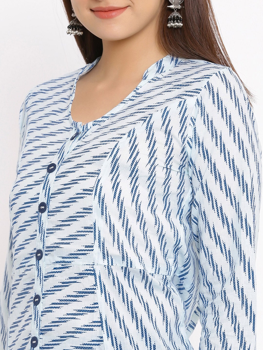 HERE&NOW Blue & White Striped Mandarin Collar Kurta | Grocsy