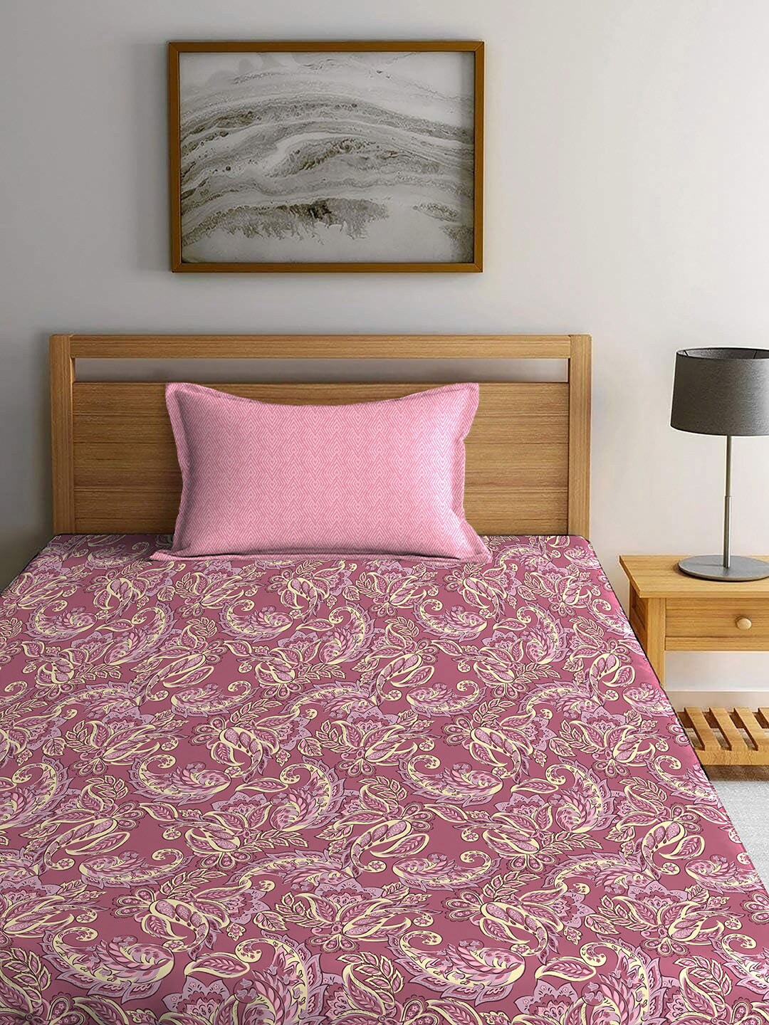 MYTRIDENT Maroon & White Ethnic Motifs Cotton 120 TC Single Bedsheet With 1 Pillow Cover | Grocsy