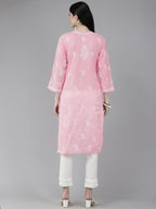 ADA Women Pink & White Ethnic Motifs Embroidered Chikankari Cotton Kurta | Grocsy