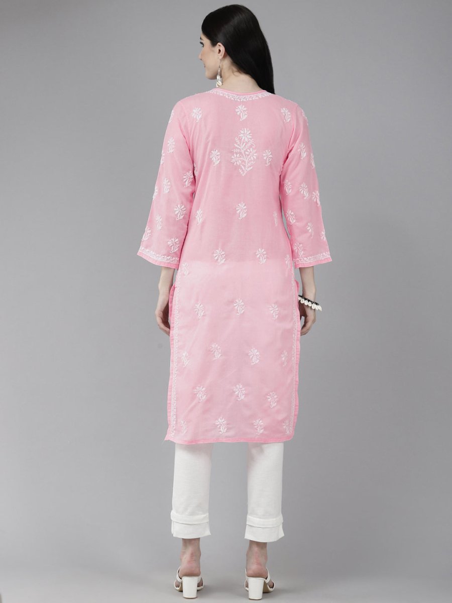 ADA Women Pink & White Ethnic Motifs Embroidered Chikankari Cotton Kurta | Grocsy