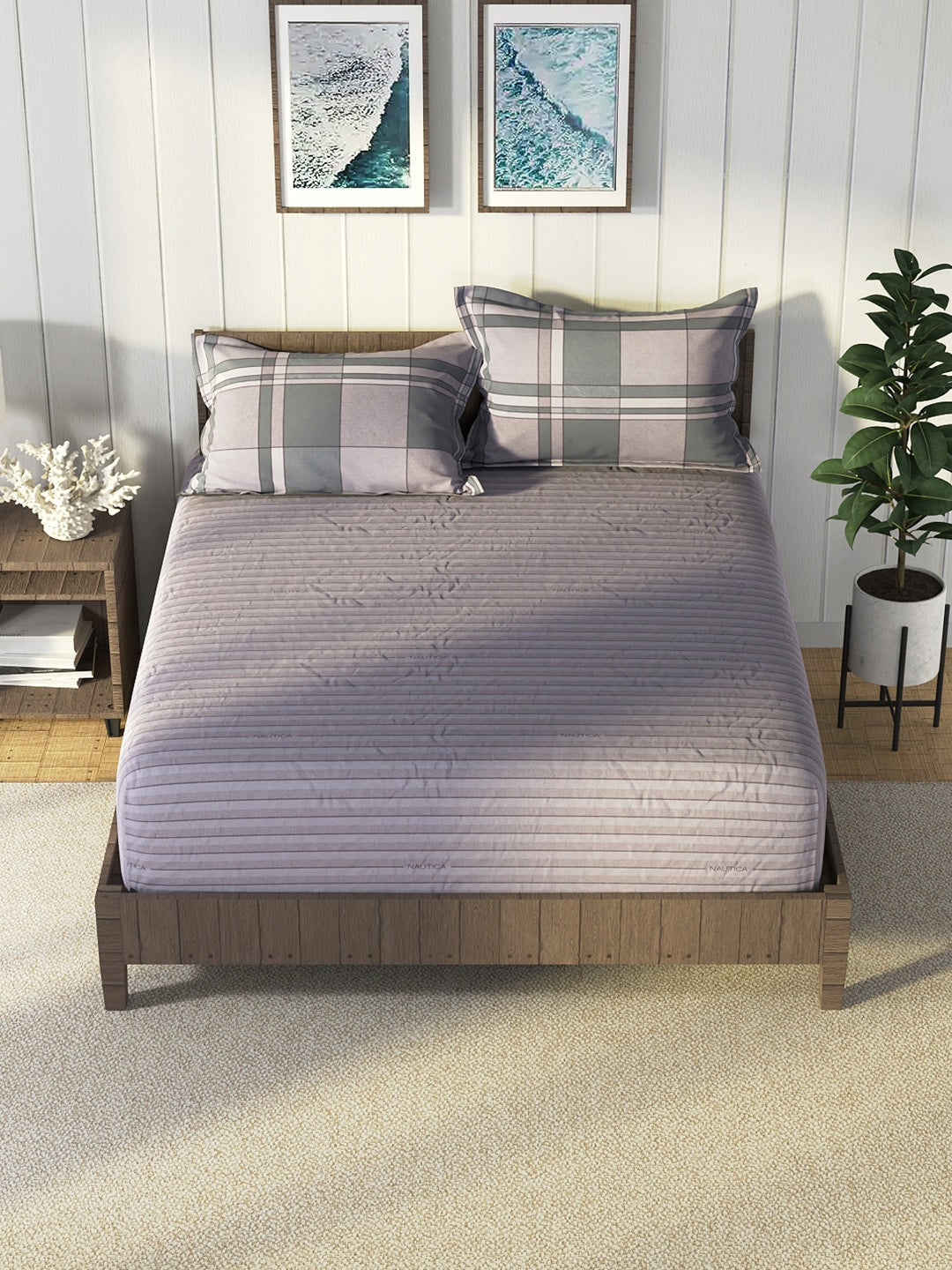 Nautica Grey & Blue Striped Cotton 160 TC King Bedsheet With 2 Pillow Covers | Grocsy