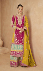 Anaita Red Chinon Suit with Embroidery Coding Sequence Work | Grocsy