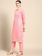 Sangria Women Pink Ethnic Motifs Printed Chanderi Cotton Kurta with Trousers & With Dupatta | Grocsy