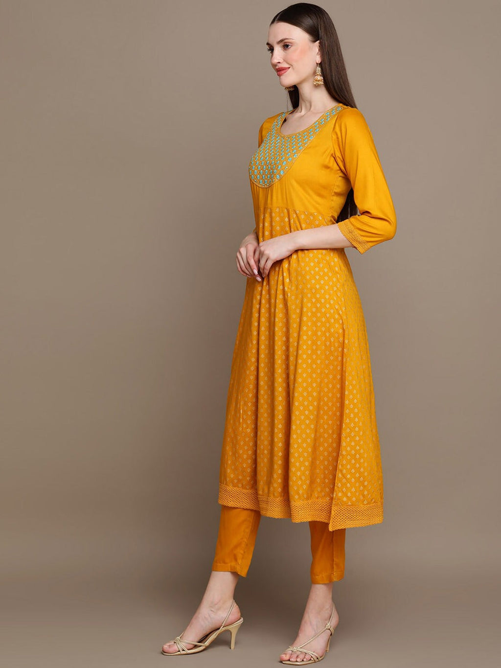 HERE&NOW Ethnic Motifs Embroidered Mirror Work Yoke Anarkali Kurta with Trousers & Dupatta | Grocsy