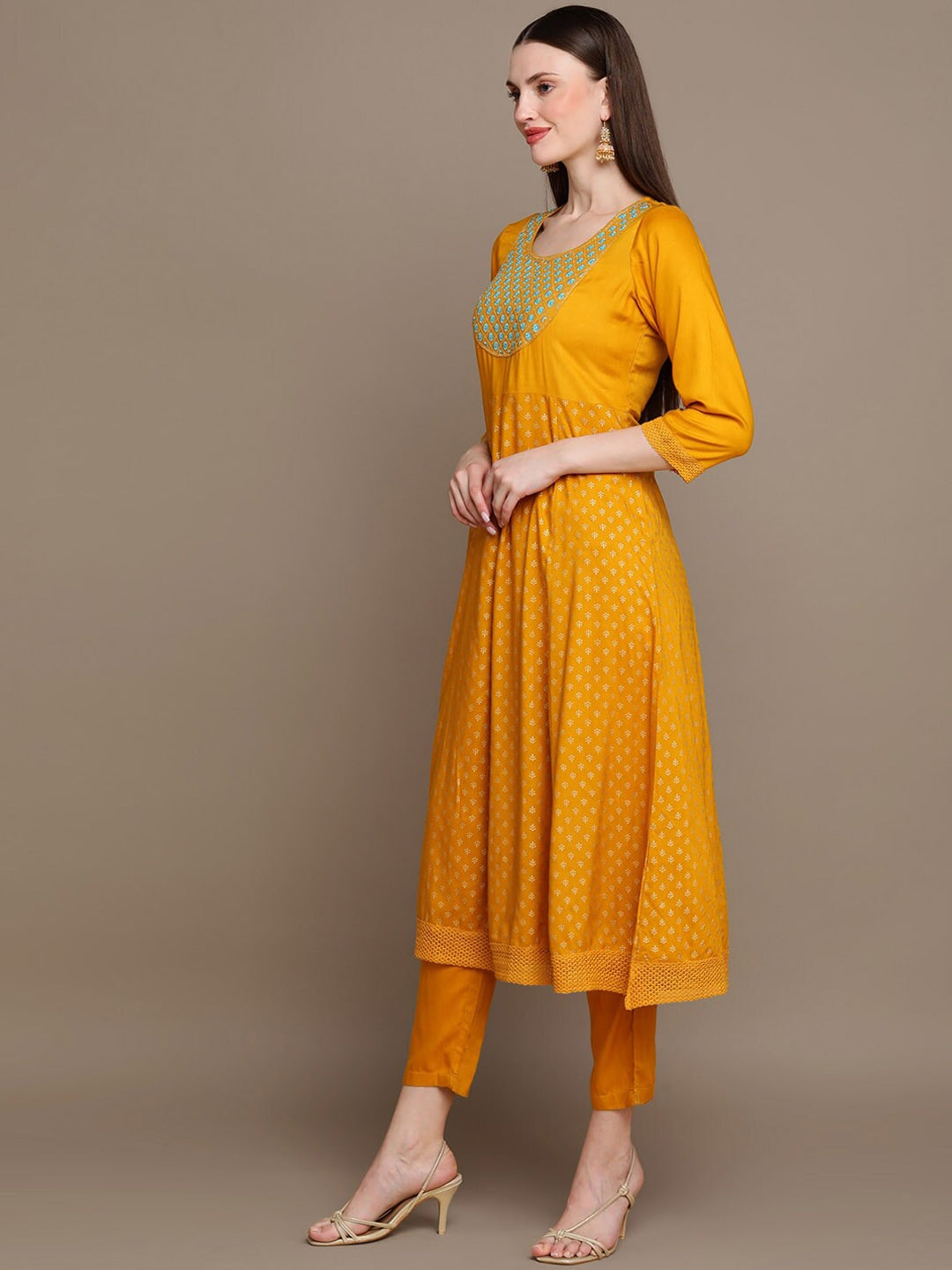 HERE&NOW Ethnic Motifs Embroidered Mirror Work Yoke Anarkali Kurta with Trousers & Dupatta | Grocsy