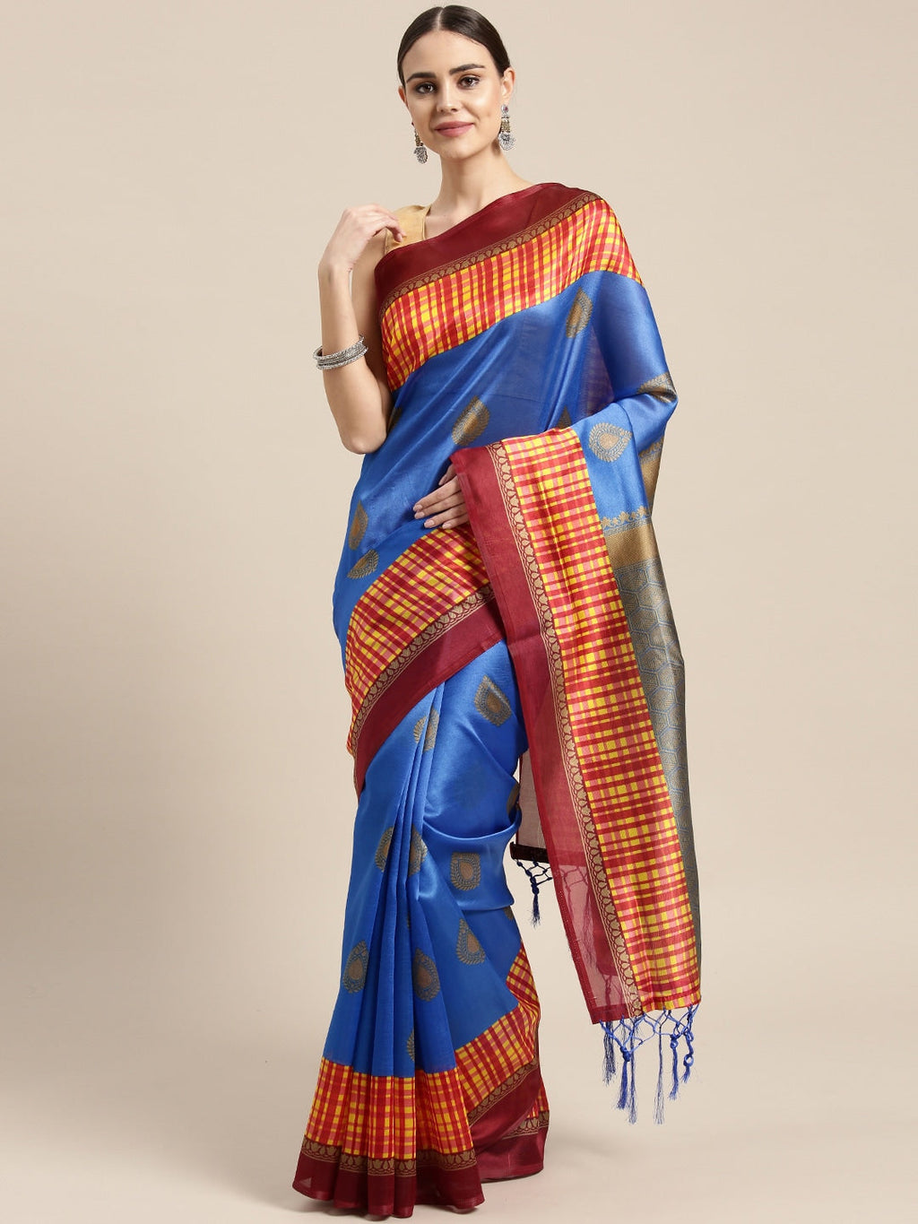 Saree Mall Blue Printed Bhagalpuri Saree | Grocsy