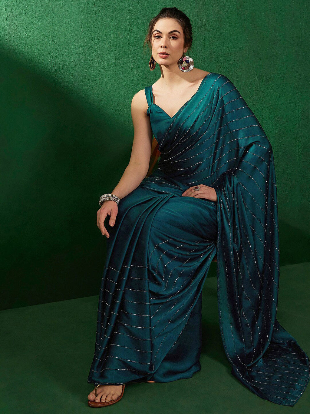 Sangria Striped Embellished Satin Beads and Stones Saree | Grocsy