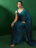 Sangria Striped Embellished Satin Beads and Stones Saree | Grocsy