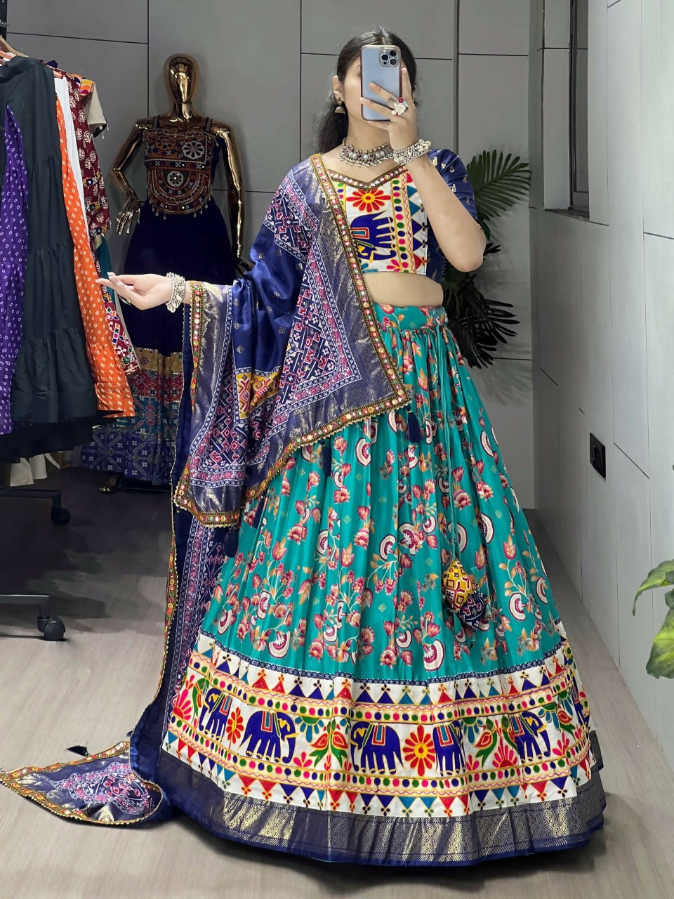 Yash Enterprise Firozi Silk Embroidery Semi Stitched Navratri Chaniya Choli | Grocsy
