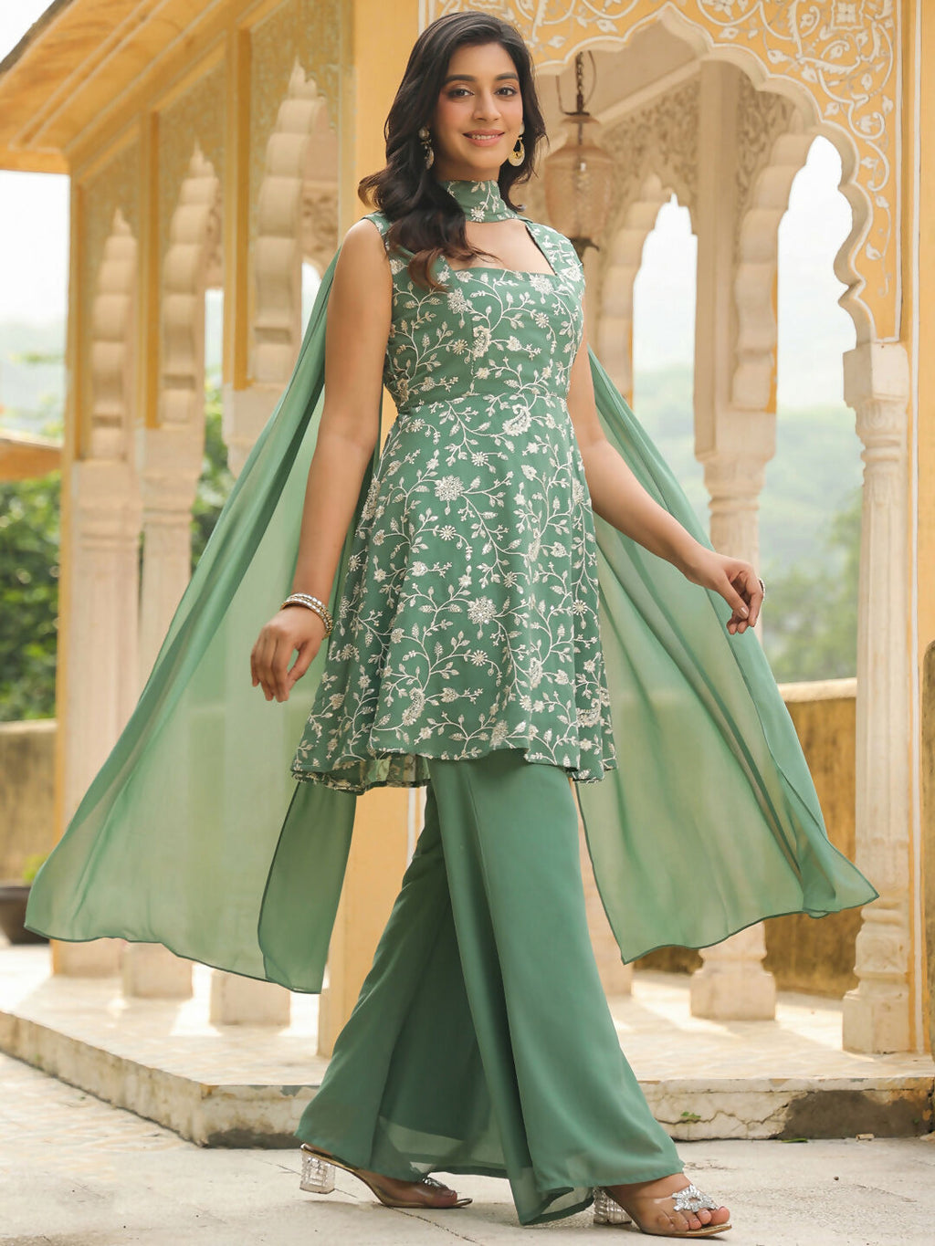Janasya Sage Green Georgette Embroidered Kurta,Bottom & Dupatta | Grocsy