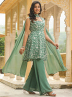 Janasya Sage Green Georgette Embroidered Kurta,Bottom & Dupatta | Grocsy