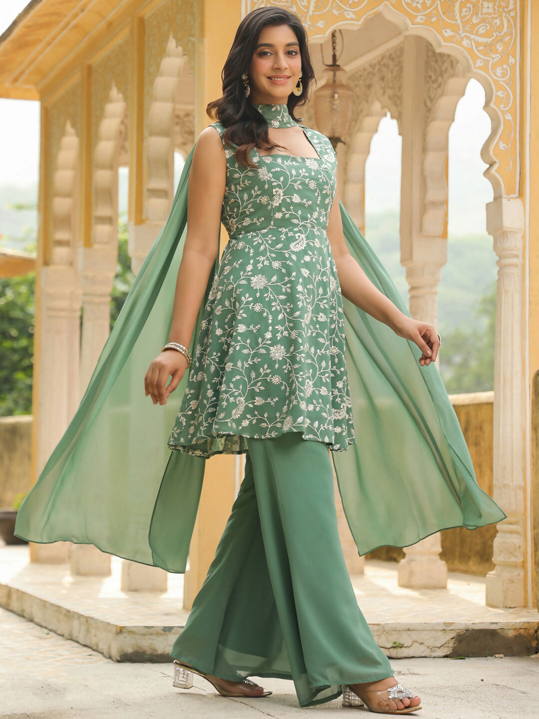 Janasya Sage Green Georgette Embroidered Kurta,Bottom & Dupatta | Grocsy