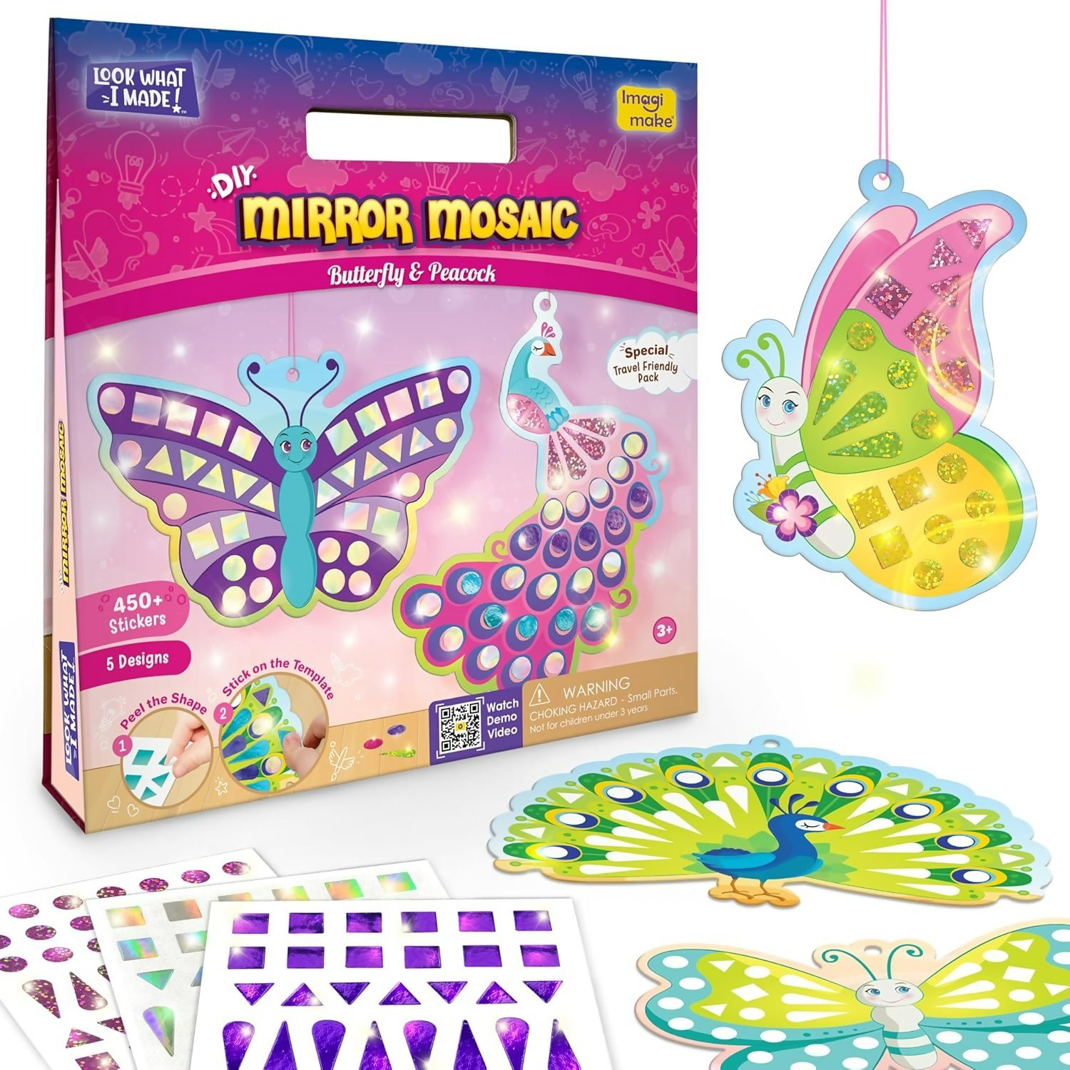 Imagimake Mirror Mosaic Butterfly & Peacock Mess Free DIY Mosaic Craft Kit 450+ Foil Sticker Travel Toys for Girls Birthday Gift for Girls Ages 3,4,5,6,7,8, Peach | Grocsy
