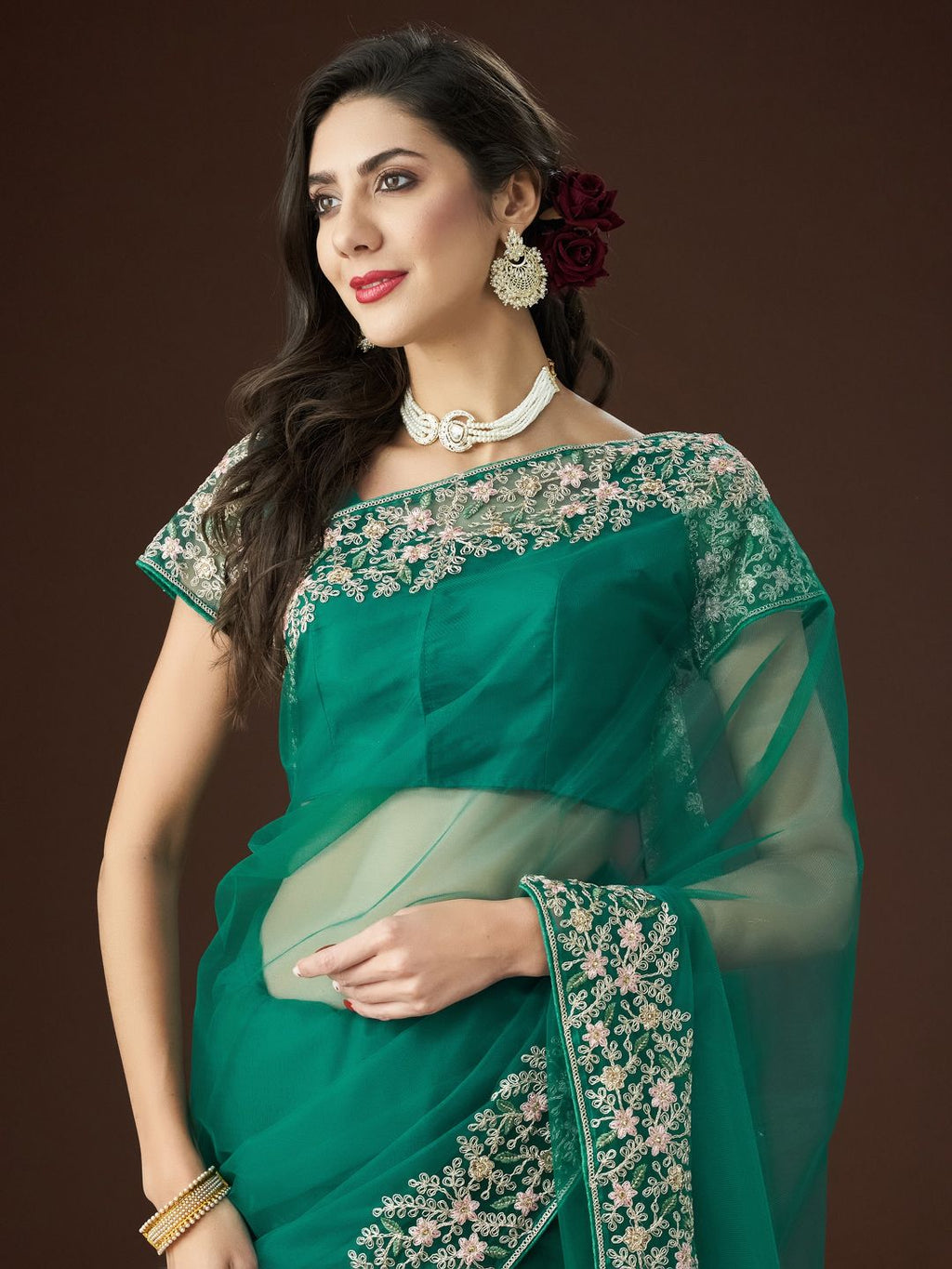 kasee Floral Embroidered Net Saree | Grocsy