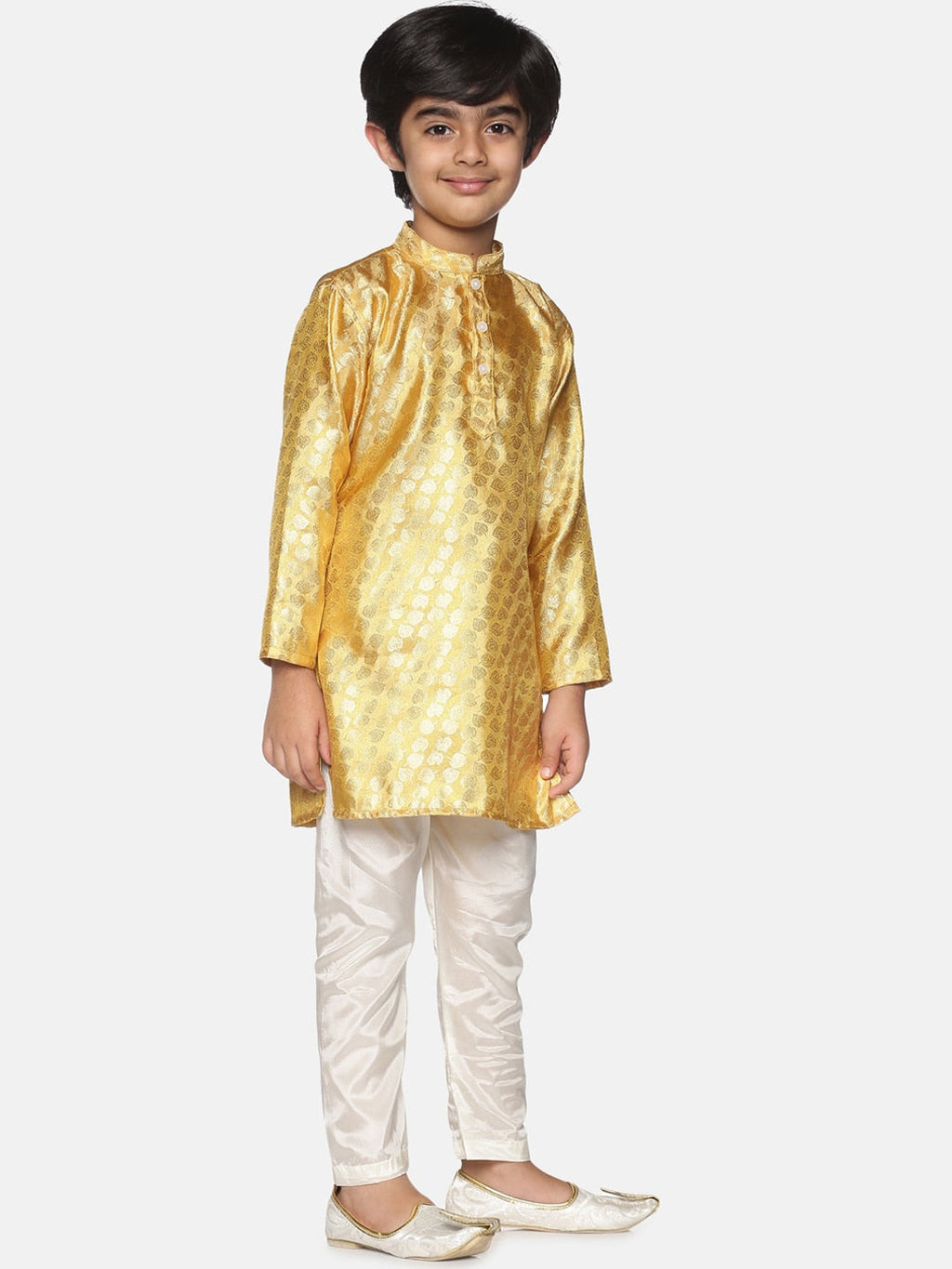 Sethukrishna Boys Gold-Coloured & White Ethnic Motifs Kurta with Pyjamas | Grocsy