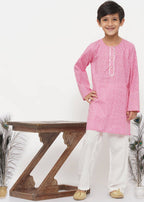 Little Bansi Boys Cotton Jaipuri Kurta with Pearl Buttons & Pyjama -Pink & Cream | Grocsy