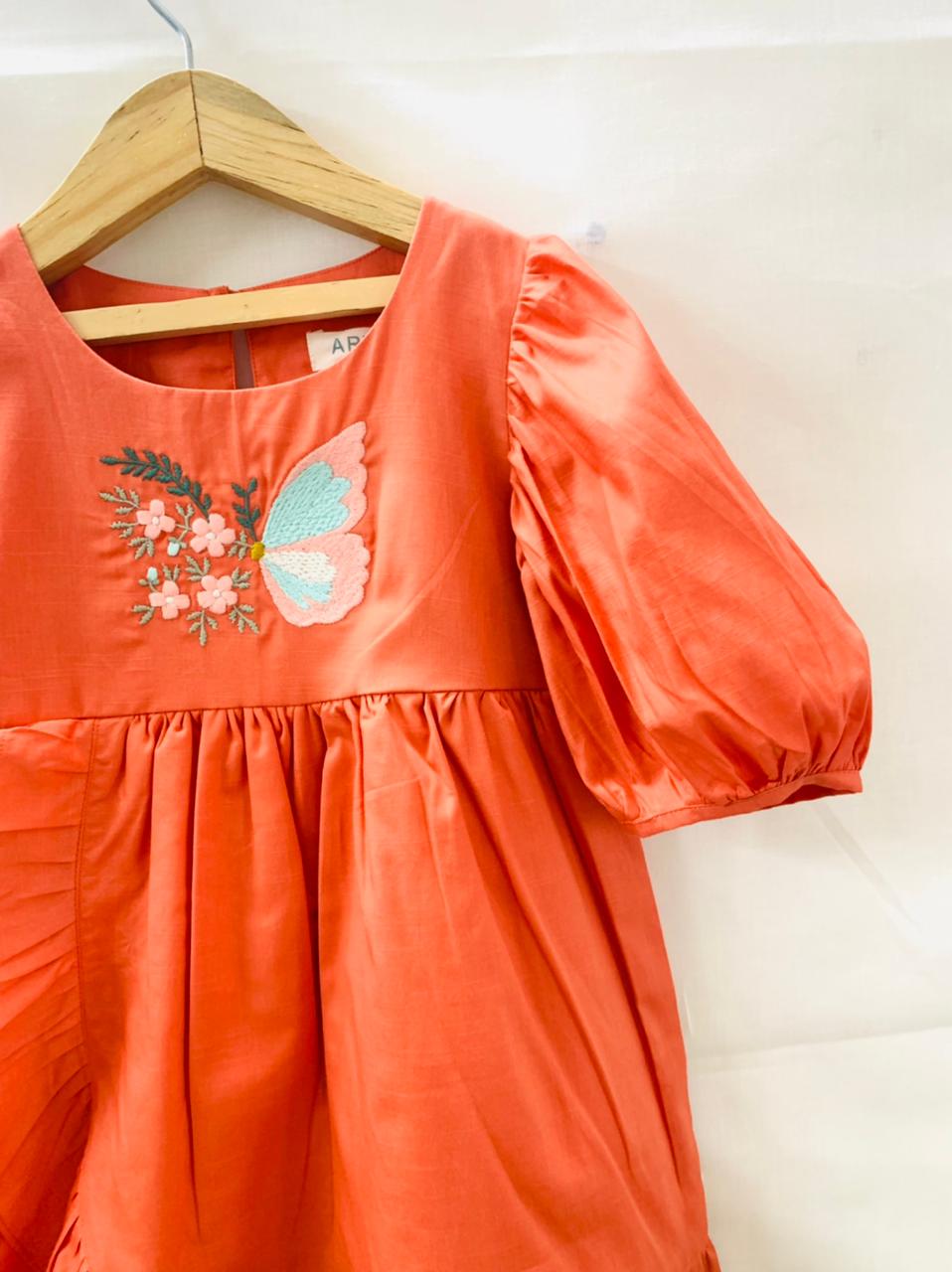ArthLife Orange Butterfly Embroidered Dress | Grocsy