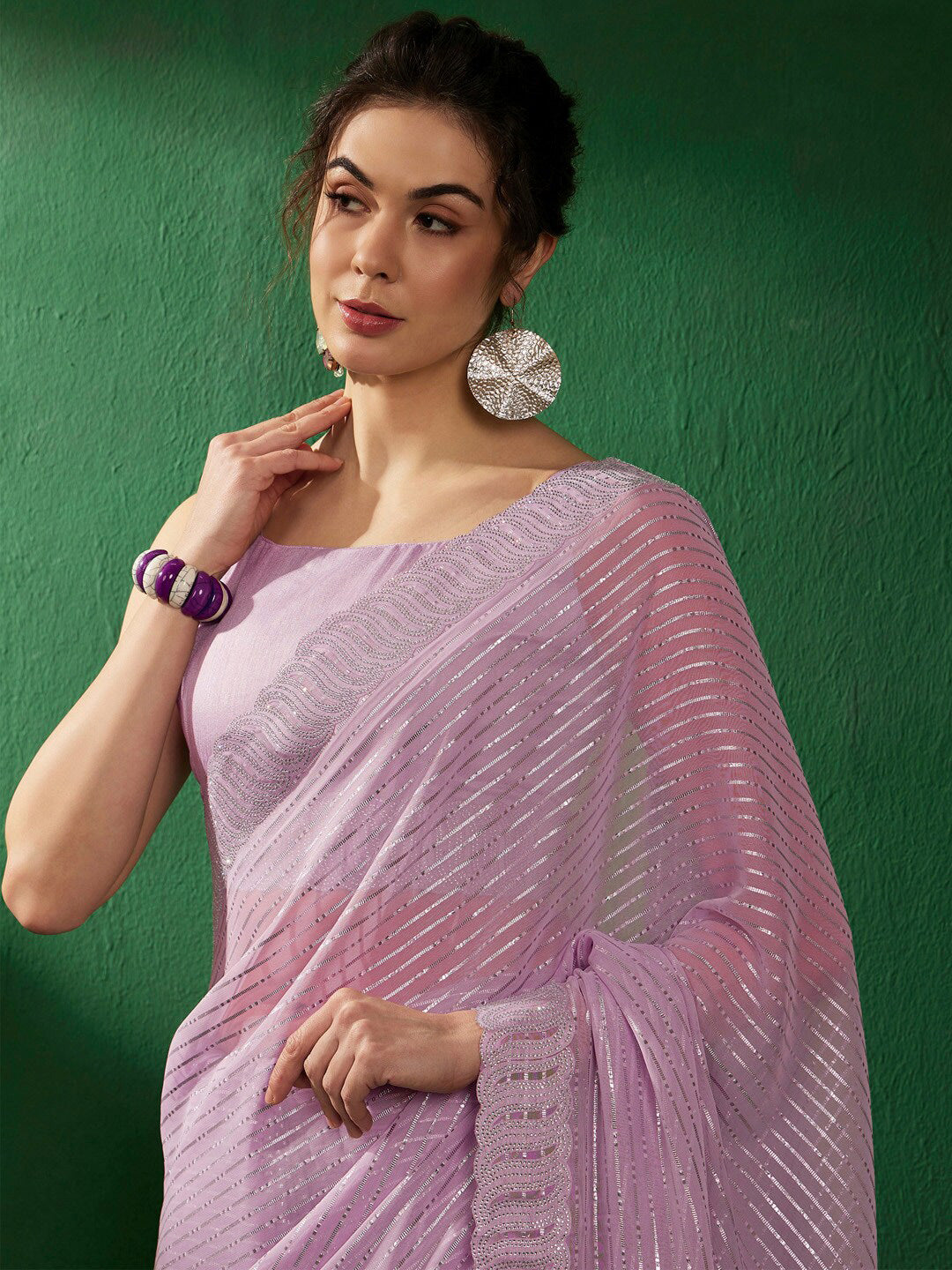 Sangria Mauve Embellished Pure Georgette Saree | Grocsy