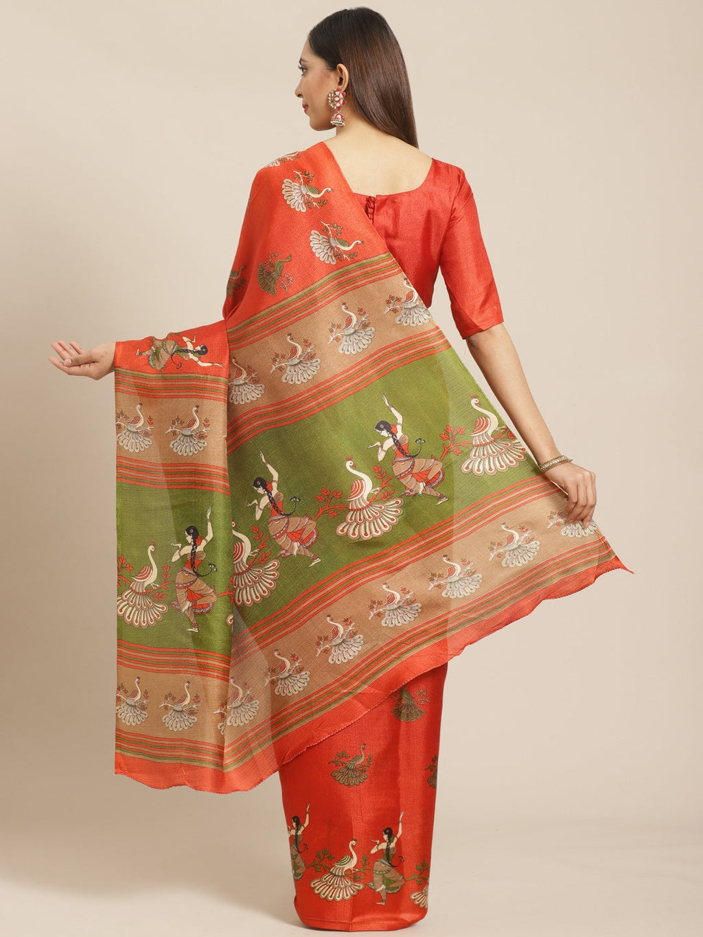 Saree Mall Rust Red & Green Printed Saree | Grocsy