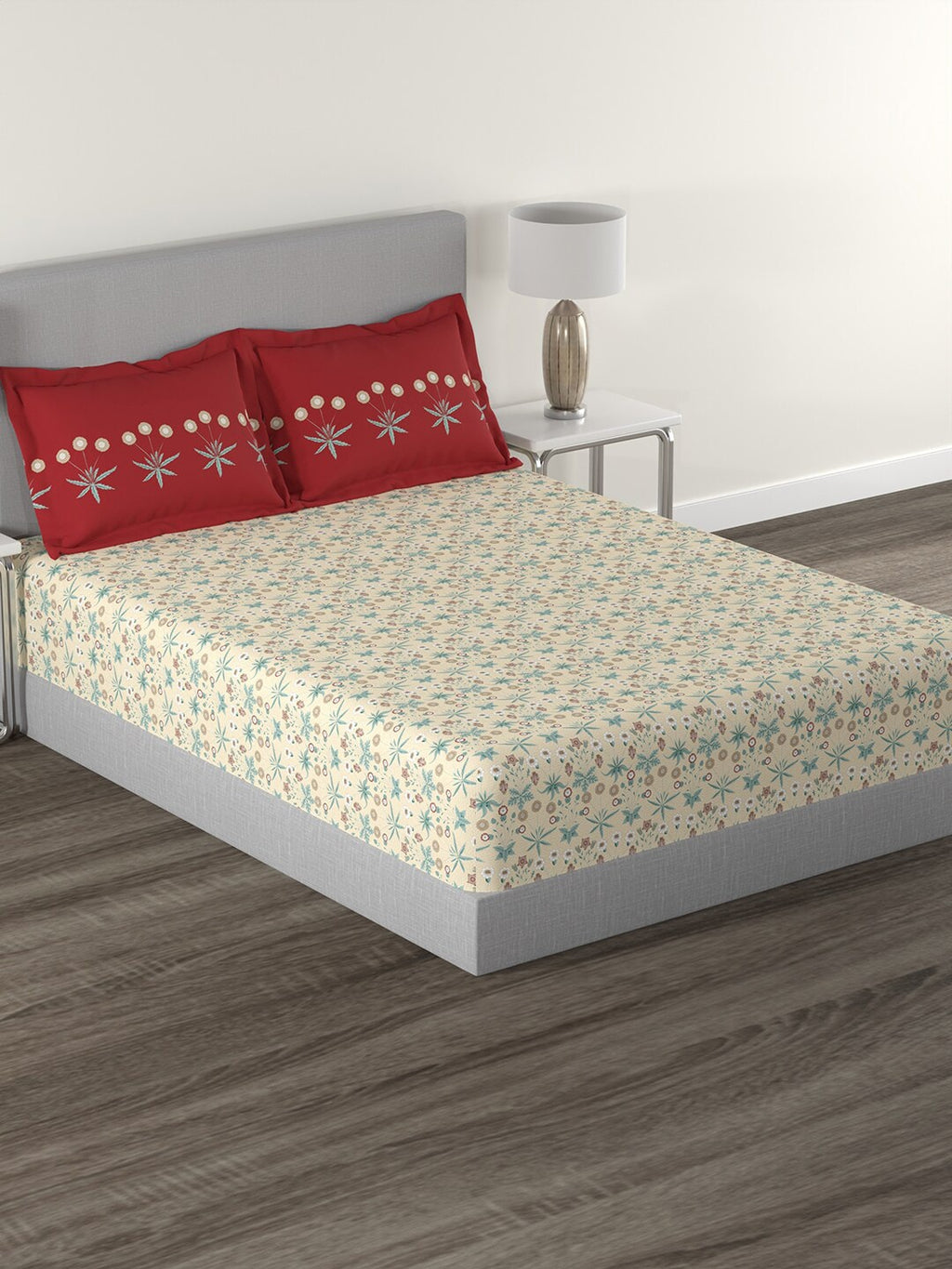 MYTRIDENT Beige Green Floral Cotton 144 TC Queen Bedsheet With 2 Pillow Covers | Grocsy