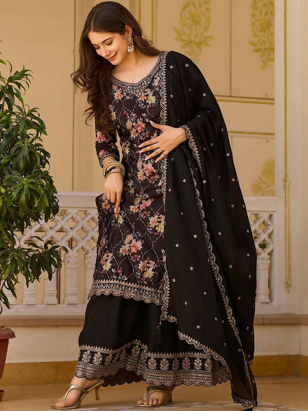 The52 Black Women's Gorgeous Embroidered Chinon Fabric Straight Kurta Palazzo and Dupatta Set | Grocsy