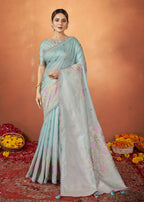 Sky Blue Tusser Silk Woven Design Saree With Unstitched Blouse Piece - Norita Royal Pradha | Grocsy