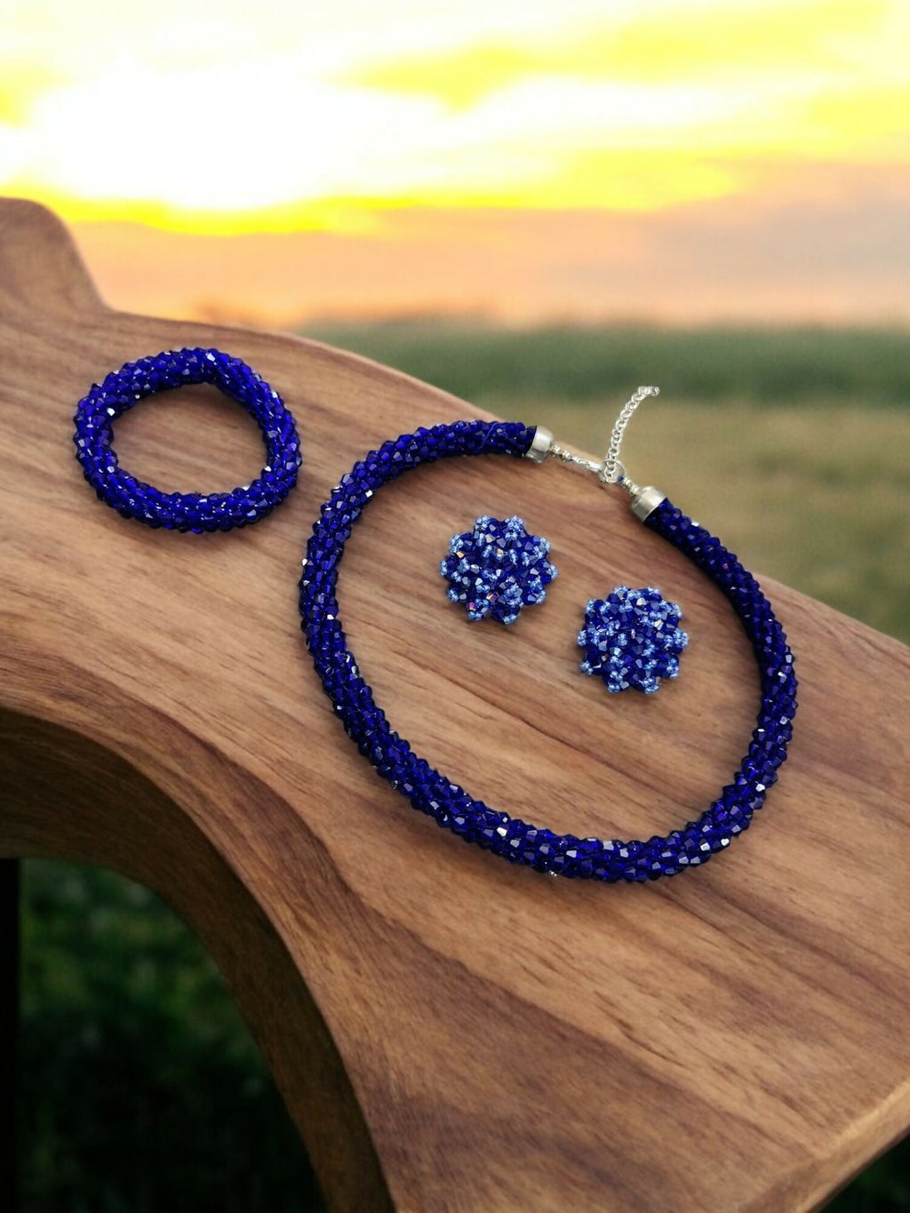 Inhanns Complete Look Crystal Statement 3-Piece Set (Adjustable Necklace + Earrings + Adjustable Bangle ) - Blue | Grocsy