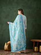 Blue Crystal Organza schiffli embroidery Kurta With Trouser & Dupatta - Bhumi | Grocsy
