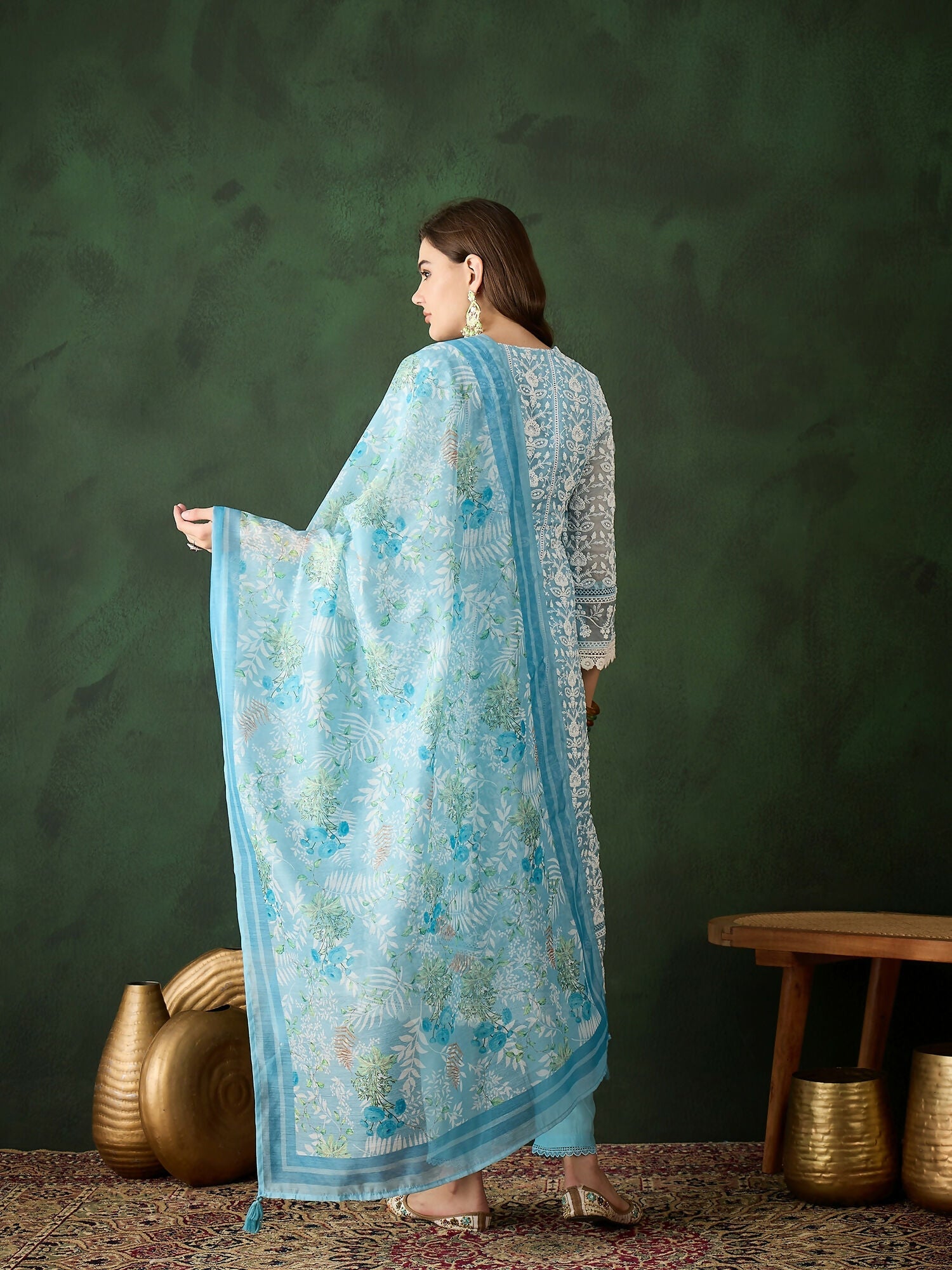Blue Crystal Organza schiffli embroidery Kurta With Trouser & Dupatta - Bhumi | Grocsy