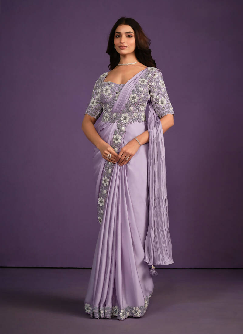 Lavender Crepe Satin Silk Embroidered Saree With Stitched Blouse - Mohmanthan Exotica | Grocsy