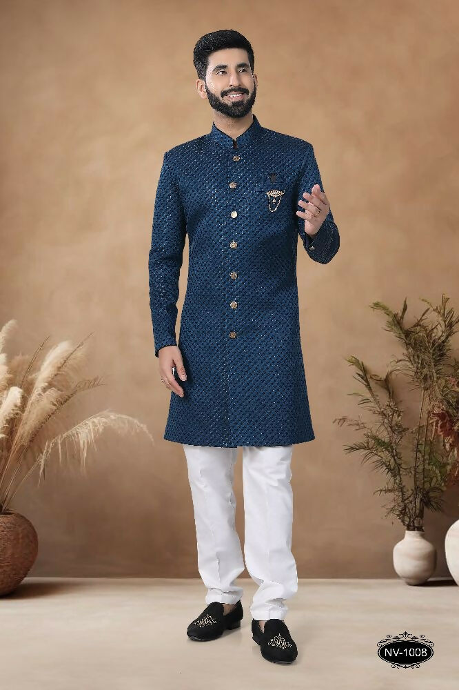 Joban Fashion Men's Blue Straight Silk Thread & Sequence Embroidery All Over Indo-Western Kurta Set | Grocsy