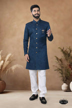 Joban Fashion Men's Blue Straight Silk Thread & Sequence Embroidery All Over Indo-Western Kurta Set | Grocsy