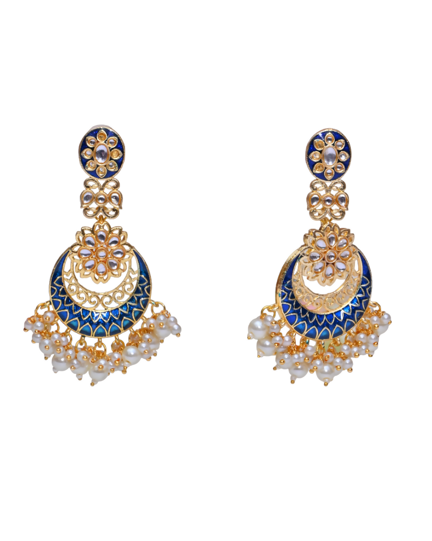 Gold-Polished Kundan & Pearl Dangle Women Blue Meenakari Chandbali Earrings By House of Ree - House of Ree