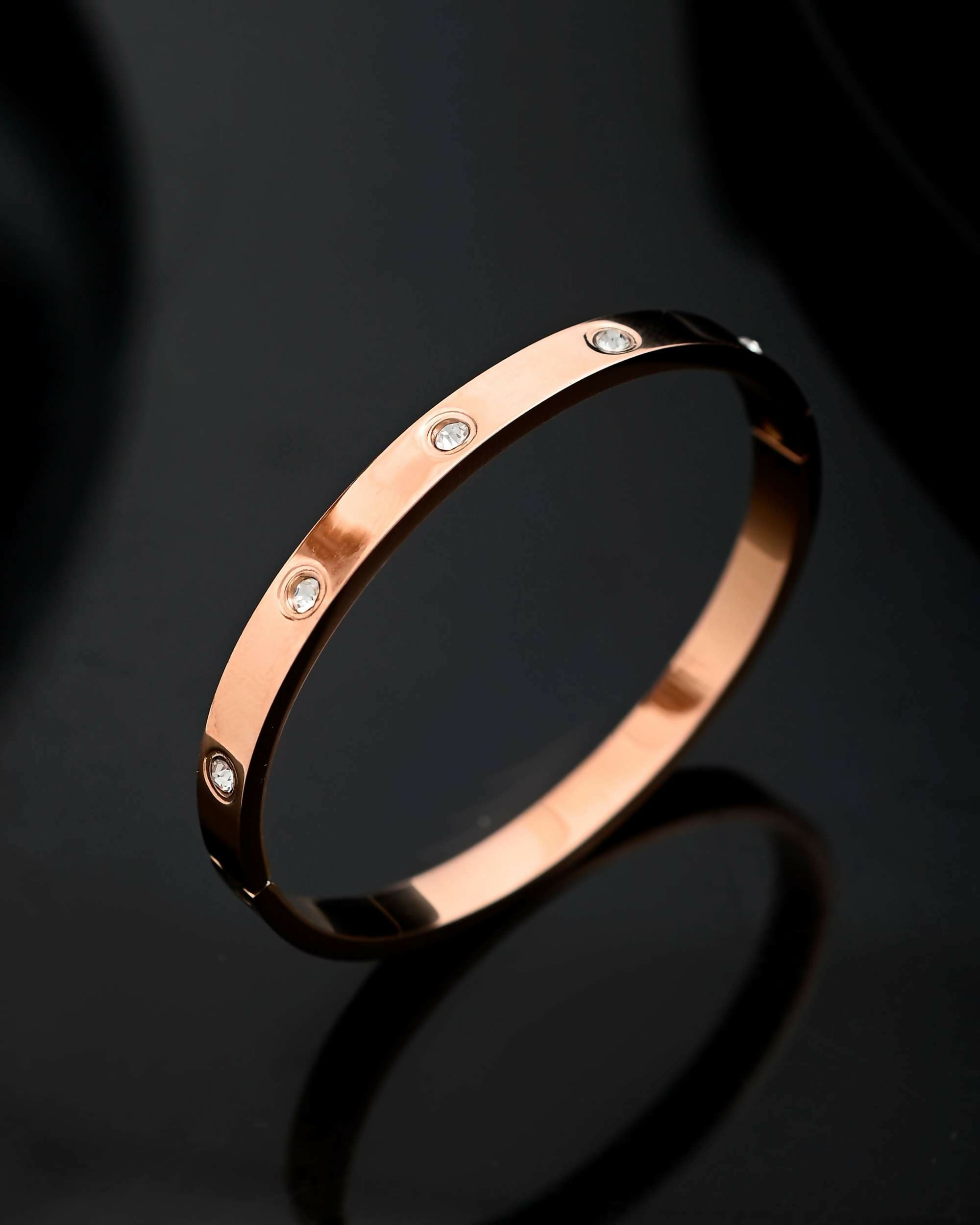 VOJ Rose Gold-Polished Kada Bracelet with Crystals