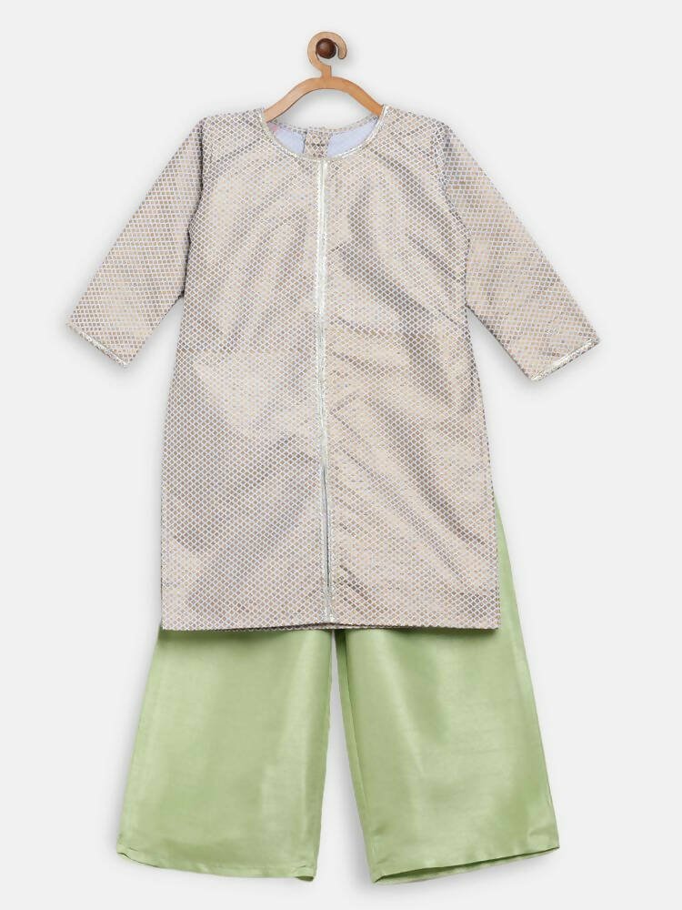 Ahalyaa Poly Silk Gold Printed Straight Kids Kurta With Palazzo For Girls | Grocsy