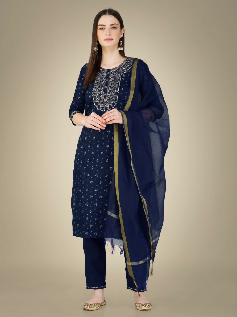 Jyoti Fashion Women's Navy Blue Cotton Magic Slub Embroidery & Sequence work Kurta with Trouser & Dupatta | Grocsy