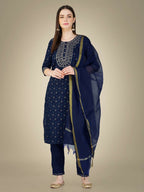 Jyoti Fashion Women's Navy Blue Cotton Magic Slub Embroidery & Sequence work Kurta with Trouser & Dupatta | Grocsy