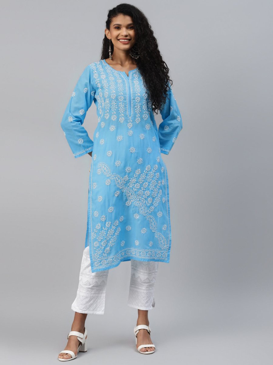 ADA Women Blue & White Ethnic Motifs Hand Embroidered Chikankari Handloom Kurta | Grocsy