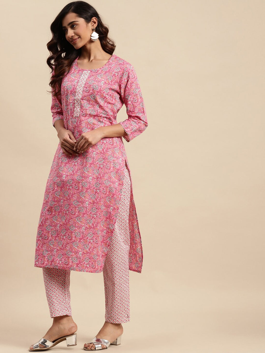 Sangria Floral Printed Gotta Patti Pure-Cotton A-Line Kurta With Trouser & Dupatta | Grocsy