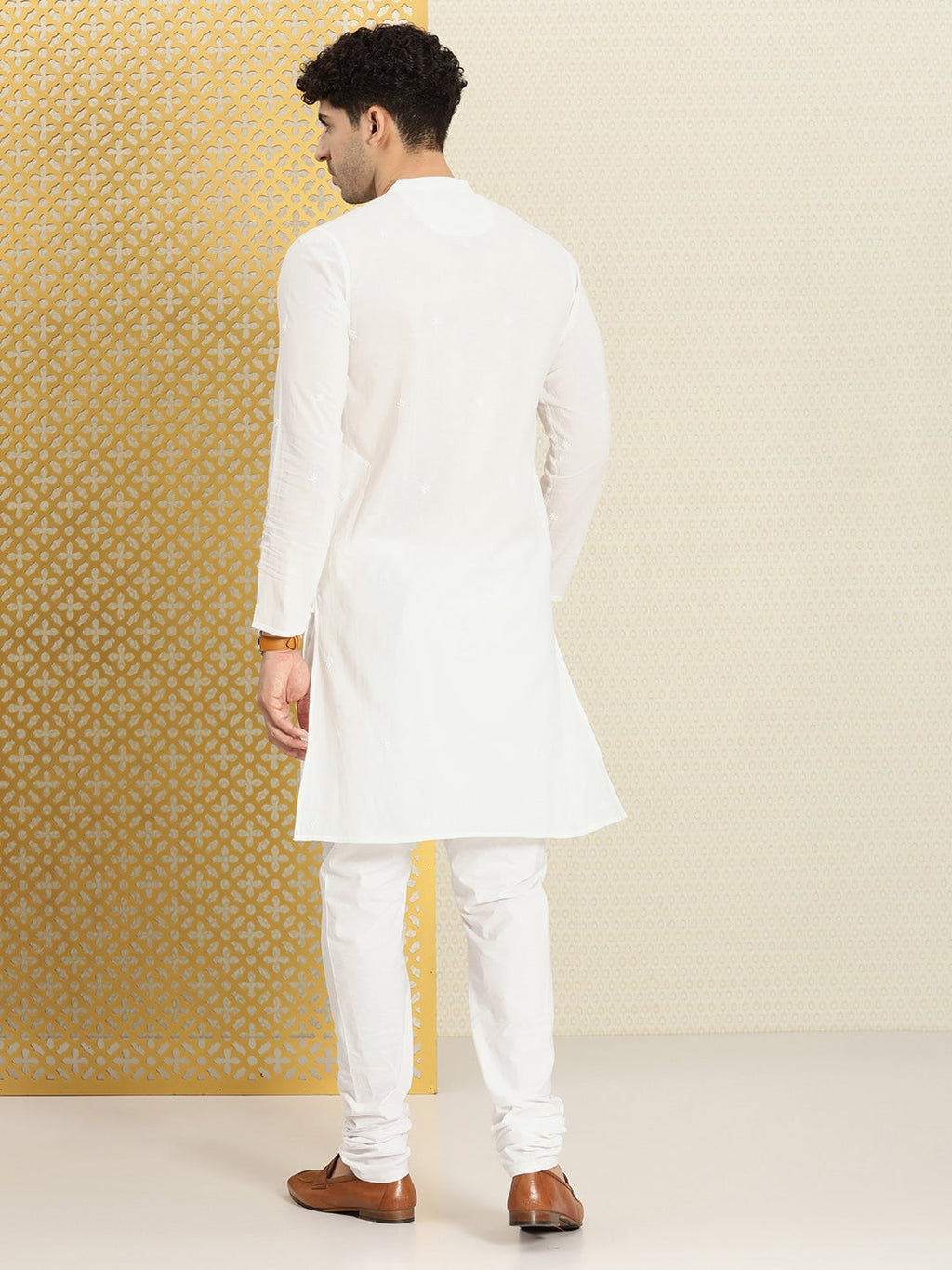 House of Pataudi Men Chikankari Embroidered Pure cotton Jashn Kurta with Churidar | Grocsy