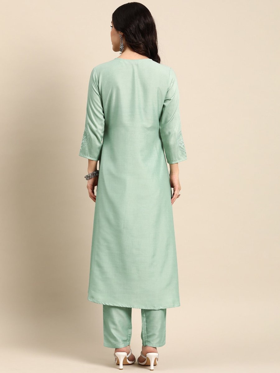 All About You Ethnic Motifs Embroidered Mirror Work Kurta With Trousers | Grocsy