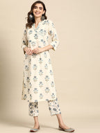 Sangria Floral Printed Angrakha Sequinned Pure Cotton Kurta With Trousers | Grocsy