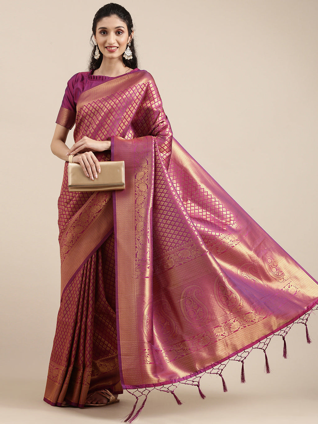 Saree Mall Magenta Ethnic Motifs Zari Silk Blend Banarasi Saree For Women | Grocsy