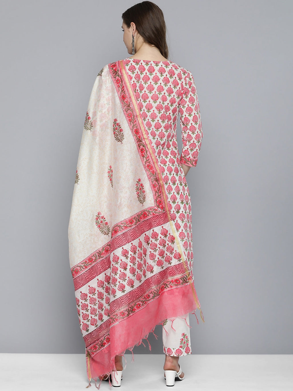 HERE&NOW Women Floral Printed Regular Pure Cotton Kurta with Trousers & With Dupatta | Grocsy