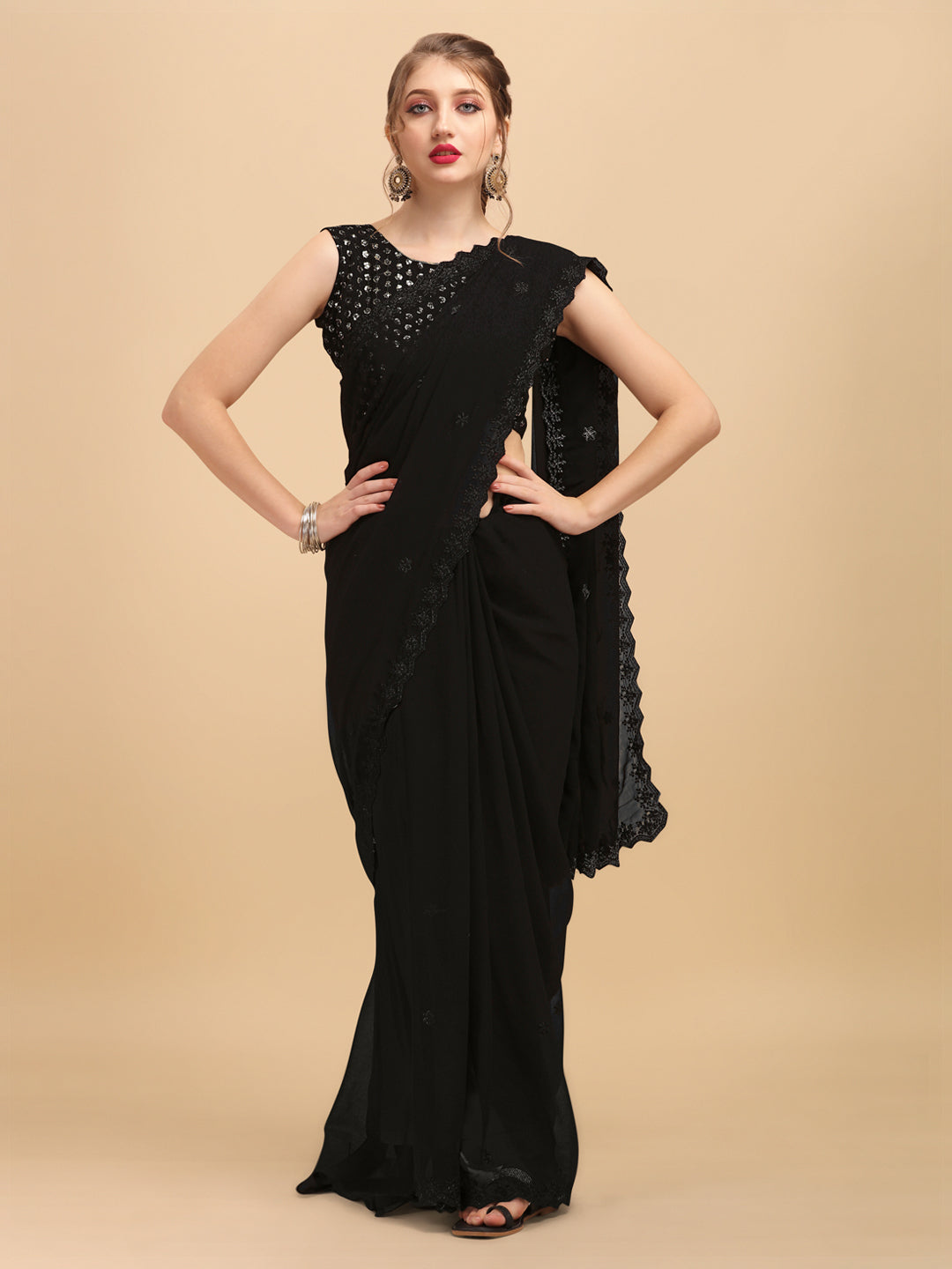 Sangria Black Embellished Sequinned Pure Georgette Saree | Grocsy
