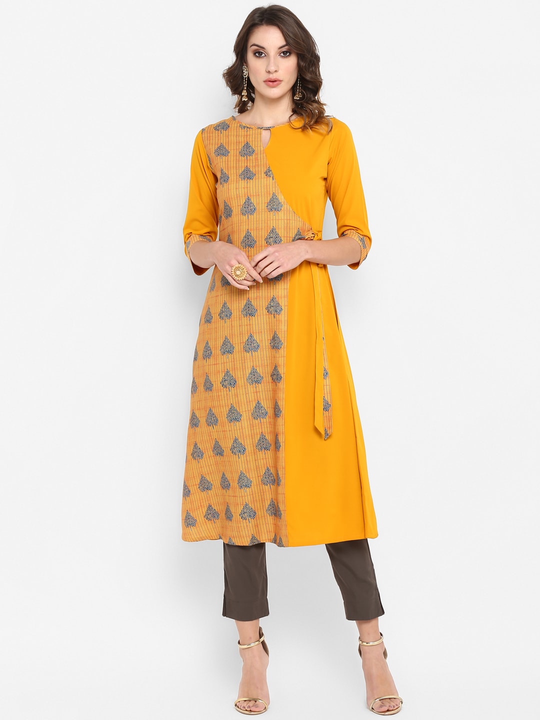 Janasya Women Mustard Yellow & Blue Printed A-Line Kurta | Grocsy